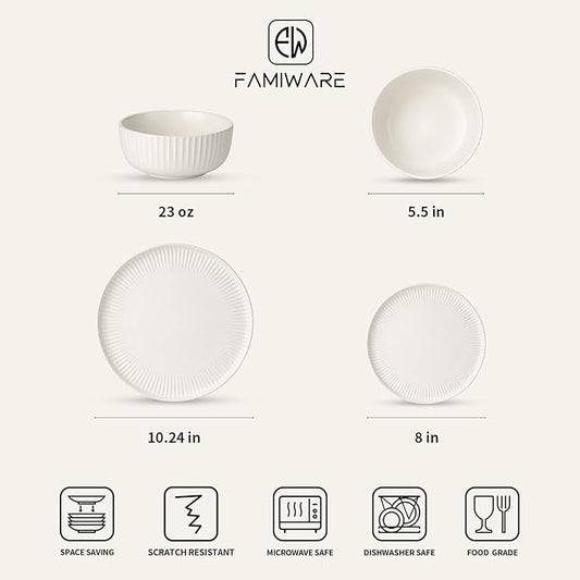 Famiware Starlight Plates and Bowls Dishes Set of 4 (12 Pieces), Ribbed Textured Stoneware Dinnerware Sets- Dishwasher & Microwave Safe, Chip Resistant, Matte Reactive White