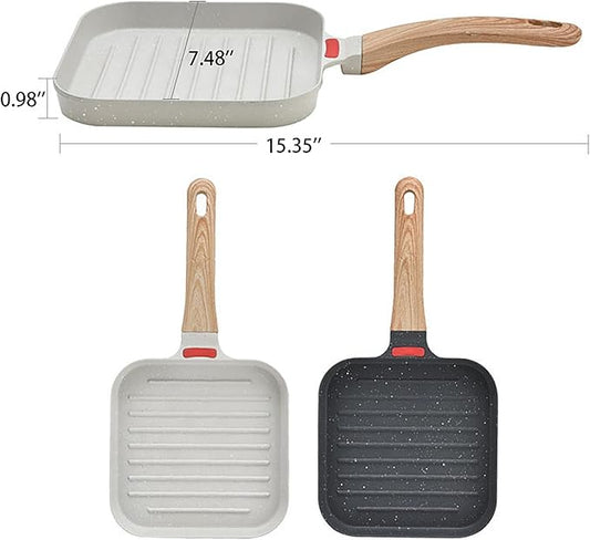 Grill Pan with Lid Non Stick Griddle Pan for Stove Top Indoor Cooking Steak Pan Square Aluminum Skillet Grilling Induction Compatible with Tong Gray 7.48 inches