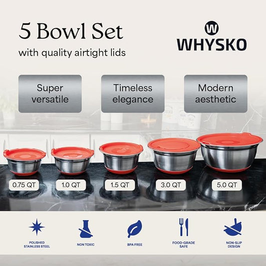 WHYSKO Stainless Steel Mixing Bowls with Lids Set - 5 Rustproof Metal Nesting Mixing Bowls for Kitchen, Meal Prep, Baking, Cooking, Storage - Includes 3 Grater Attachments, Dishwasher Safe