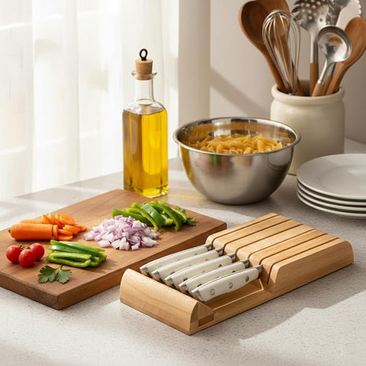 Alata 6-Piece White Steak Knives Set with Block, Stainless Steel Steak Knife set with Serrated Edge, Razor-Sharp, Full-Tang Construction