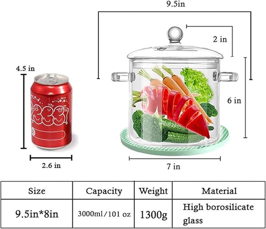 Clear Glass Simmer Pot with Lid for Cooking Potpourri Cookware Saucepan 3L 101OZ Large Pots for Stove Top Visions Stockpots Pan Big Safe Borosilicate Pans