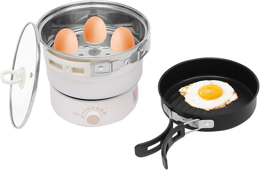 Portable Electric Hot Pot 500W 1.6L with Foldable Handles Power Adjustment Non-stick Frying Pan Mini Hot Pot Multi-Functional Ramen Noodle Cooker for Noodles Steak Cooker (White)