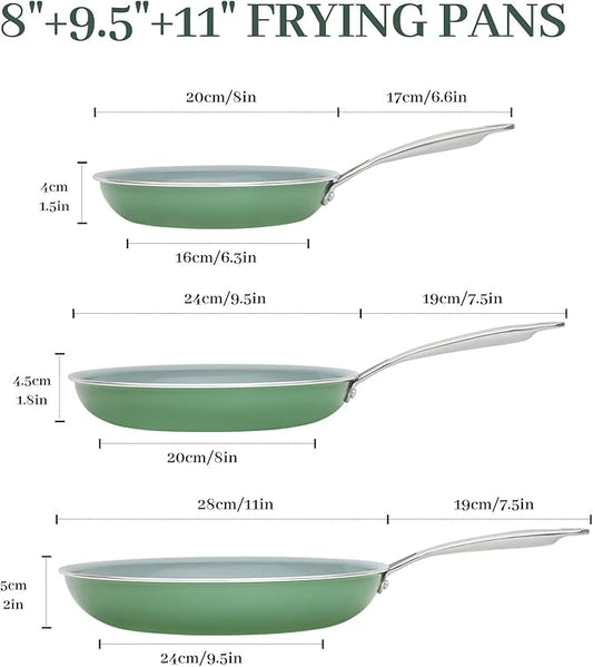 BECIGAR Ceramic Frying Pan Set with Stainless Steel Handle - Perfect Cookware Set for Steak & Non Stick Cooking - Ceramic Pans Set Non Stick Trendy Essential for Young Chefs(Green)