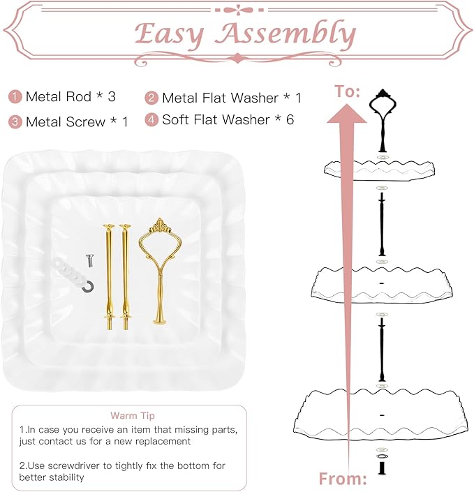 PinCute 5 Pcs Dessert Table Display Set - 2 X Cupcake Stand Holder/Cup Cake Tier Tower & 3 X Serving Tray Combo for Tea Party, Birthday, Baby Shower (Wave Square)