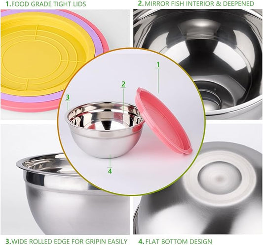 Mixing Bowls with Lids for Kitchen - 26 PCS Stainless Steel Nesting Colorful Mixing Bowls Set for Baking,Mixing,Serving & Prepping,Size 5, 3.7, 2.8, 2.3, 1.7, 1.1, 0.7QT,11 Cooking Utensils