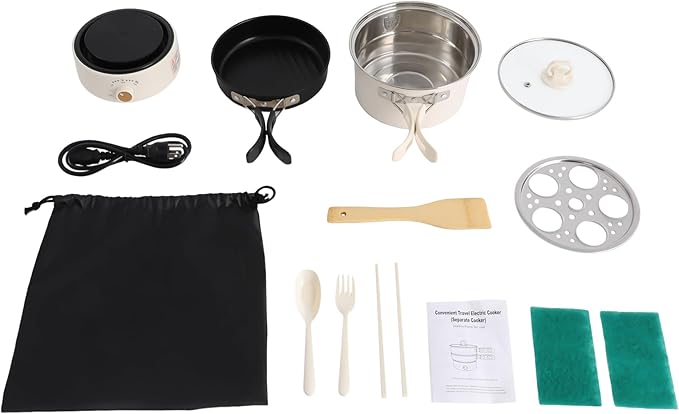 Electric Cooker,Portable Electric Hot Pot with Foldable Handles,Mini Hot Pot,Multifunctional Ramen Noodle Cooker w/Steamer,Non-stick Frying Pan for Pasta,Oatmeal,Soup,Steak Power Adjustment (White)