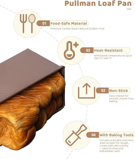 Pullman Loaf Pan with Lid & Dough Scraper Cutter, Nonstick Carbon Steel Bread Baking Pan, Heavy Duty Bakeware, Perfect for Homemade Sandwich, Sourdough, Toast & Cake