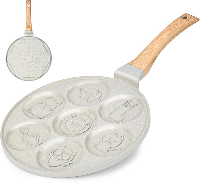 Pancake Maker Egg Frying Pan Suitable for All Stovetops & Induction Cooker, 10.5 Inch Animal Pancake Pan, 7 Molds Pancake Maker with PFOA Free Coating-Beige