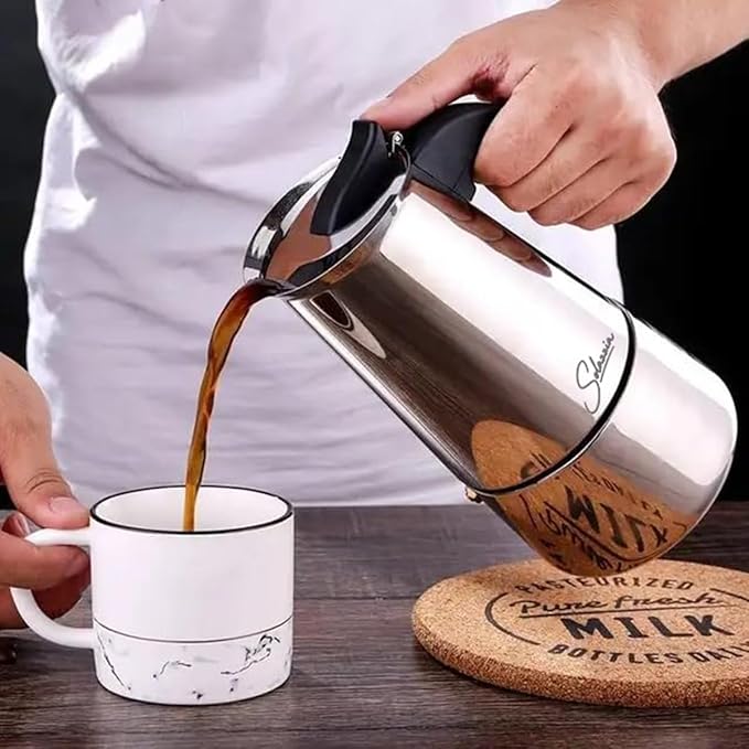 Solazzia Espresso Maker 4 Cup Moka Pot Stainless Steel Percolator coffee pot, Compatible with Gas, Electric, Ceramic, and Induction stovetops(6.6 fl oz/200 ml)