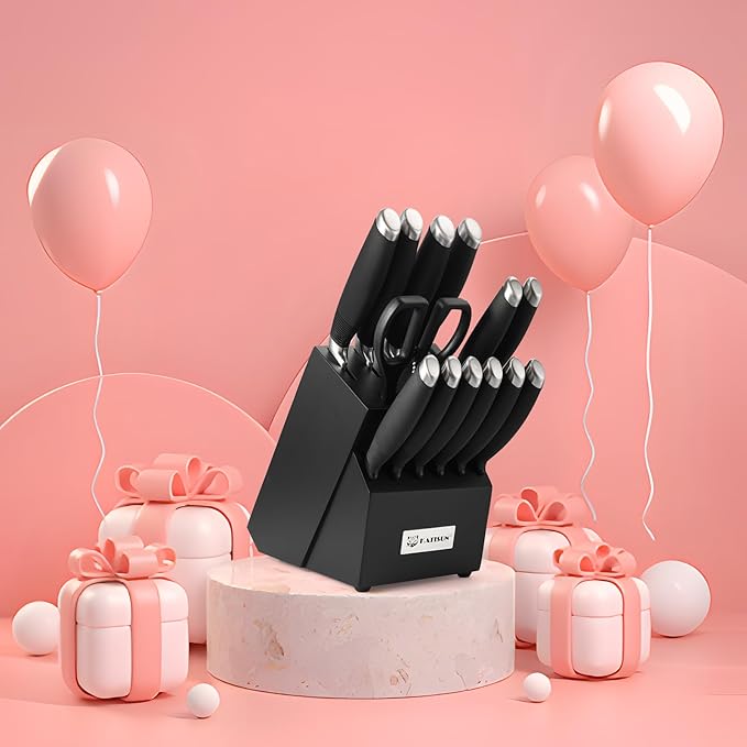 15-Piece Knife Set, German Steel, Durable and Dishwasher Safe, Ergonomic Handle Knife Block set with Built-in Sharpener for Chopping, Slicing, Dicing&Cutting Black