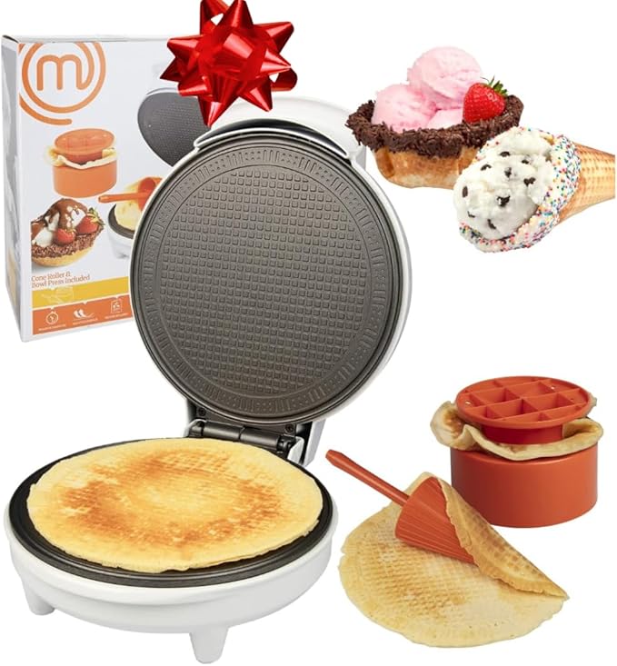 MasterChef Waffle Cone and Bowl Maker- Includes Shaper Roller & Bowl Press- Homemade Ice Cream Cone Treat Baking, Cookie Iron Machine, Portable Electric Kitchen Appliance for DIY Sundae Parties, Gift