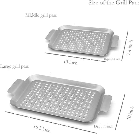 Grill Topper Non-Stick Stainless Steel BBQ Tray with Holes Outdoor Grilling Pans for Meat Vegetables Set of 2 (16.5" x10" and 13"x7.4")