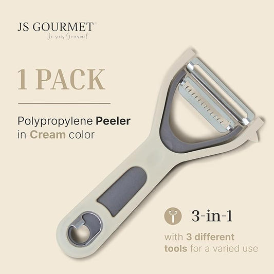 3 in 1 Vegetable Peeler – Julienne Slicer with Bottle Opener and Built-in Eye Remover – Stainless Steel Blade with Comfortable Handle – Potato, Cabbage, and Carrot Peeler for Kitchen – Cream & Grey
