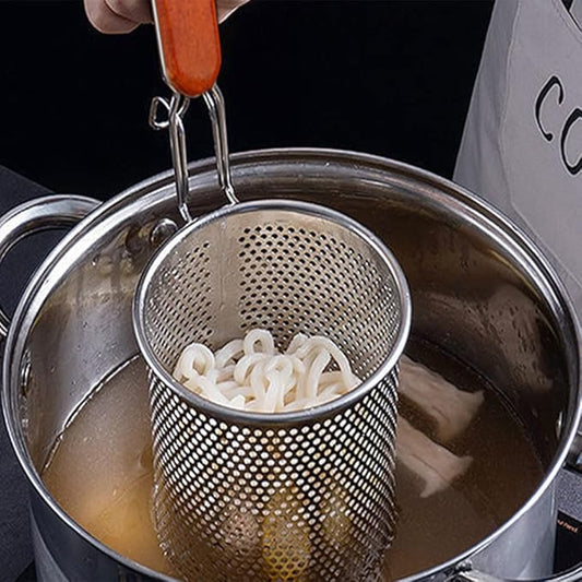 Tenta Kitchen Micro-Perforated Stainless Steel Pasta Basket Mesh Spider Food Dumpling Noodle Strainer,Fine Mesh Skimmer Kitchen Fine Sieve Mesh Strainer with Wooden Handle (Strainer, 12cm)