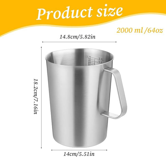 Stainless Steel Measuring Cup with Handle and Pour Lip, 2000ml 70OZ Metal Pitcher with Oz And ML Marking, Heavy-Duty Milk Frothing Jug for Coffee Latte Art, Commercial and Home Kitchen