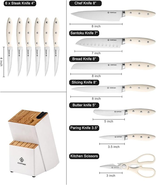 Knife Set, KUNYUAN 15 pieces Knife Sets for Kitchen,High Carbon German Stainless Steel Knife Block Set with Built in Sharpener Block,Dishwasher Safe Kitchen Knives, White