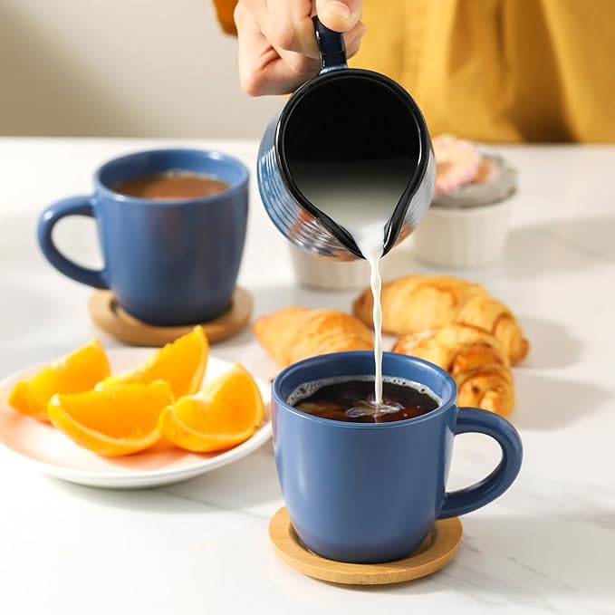 HASENSE 8 OZ Cappuccino Cups with Saucers, Ceramic Espresso Cups Set of 6, Coffee Cup with Handle for Double Shot, Latte, Mocha, Espresso Cups for Home and Office,Blue