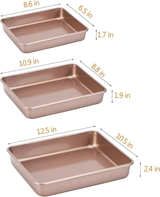 CAMOFOXIN Nonstick Roasting Pan, Deep Baking Pan Set, Large Cake Pan Sets for Oven, 3-Piece Brownie Pan (Gold)