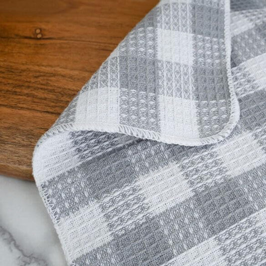 Blue Needles Waffle Weave Check Plaid Dish Cloths, 12x12 Inches 100% Cotton Set of 8 Dish Towels for Kitchen, Ultra Soft & Absorbent Kitchen Towels for Quick Drying Spring Summer - Ash Grey & White