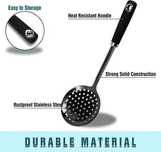 Skimmer Spoon, Slotted Spoons for Cooking, Slotted Spoon, Kitchen Stainless Steel Serving Spoons, Stainless Steel Strainer, Black