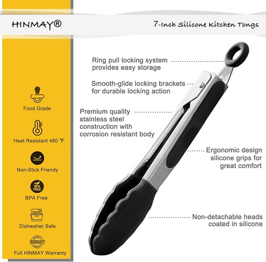 Mini Tongs with Silicone Tips 7-Inch Kitchen Tongs, Set of 3 (Black)