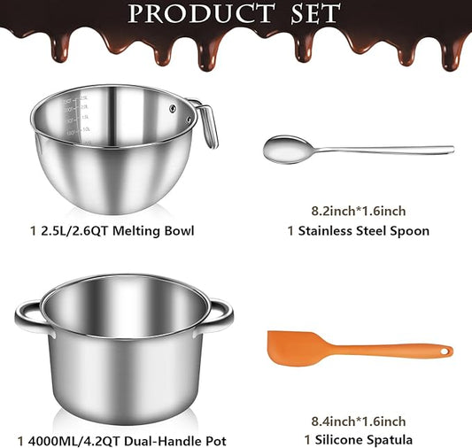 Artcome 304 Stainless Steel Double Boiler Set - 2.6QT Melting Bowl with Scale and Handle - 4.2QT Dual-Handle Pot - Stackable Water Bath Melting Pot Set for Butter, Chocolate, Wax, Sugar, Candle