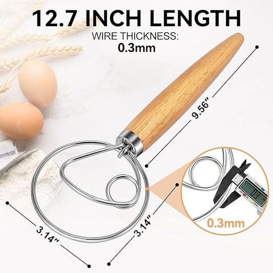 TEEVEA Danish Dough Whisk for Bread Sourdough, Wooden Handle & Stainless Steel Hook