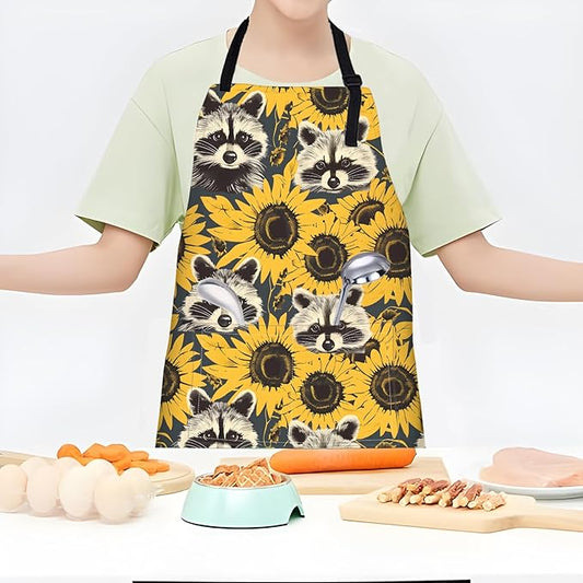 Raccoon and Sunflower Apron,Adjustable Waterproof Oxford Fabric Kitchen Apron with 2 Pockets for Men and Women, Cooking, Baking, BBQ, Coffee Shop, Housewarming Gifts, 28x33 Inches