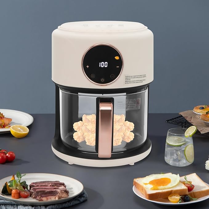 Glass Air Fryer - 4.5 Qt Transparent Viewing Pot with 8-in-1 Preset Cook Modes, 1200W Power & Precise Temp Control, Countertop Convection Oven for Healthy, Oil-Free Cooking (White)