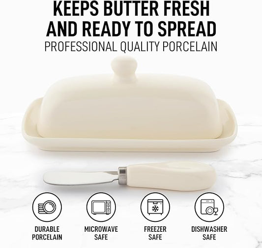 Zulay Butter Dish With Lid For Countertop - Porcelain Ivory, Ceramic Butter Dish with Knob Handle Great for Cooking - Elegant Design Butter Holder - Durable & Sturdy Butter Keeper - Ivory