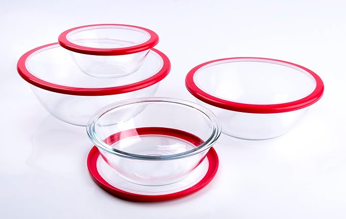 HUSANMP Glass Mixing Bowl with Lids Set, 8 PCS Glass Salad Bowls for oven. Microwave and Dishwasher Safe (0.7L + 1.3L + 2L + 3L)