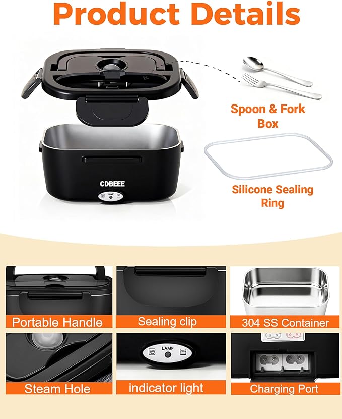 Electric Lunch Box Food Warmer-80W Fast Heating, 2 Leak-Proof SS Containers 1.5L | 12V/24V Car/Truck & 110V Home/Office |Portable Food Warmer for Drivers, Workers, Office & Travel (Black)