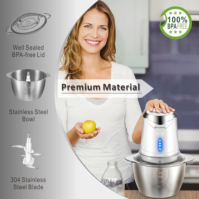 Food Processor Cordless Vegetable Chopper with 5 Cup Stainless Steel Bowl&6000mAh USB Rechargeable Battery, Electric Garlic Meat Choppers BPA-free Baby Food Processors Blender Mincer, Xmas Gift(White)