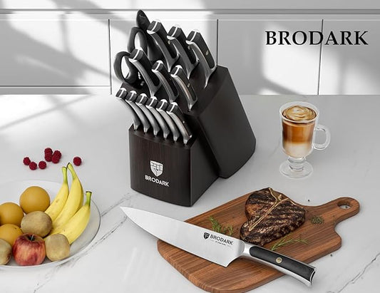 BRODARK Knife Set 15 PCS, Chef Knife Set with Block and Sharpener, High Carbon Stainless Steel Knife Block Set, Ergonomic Pakkawood Handle for Kitchen Cooking