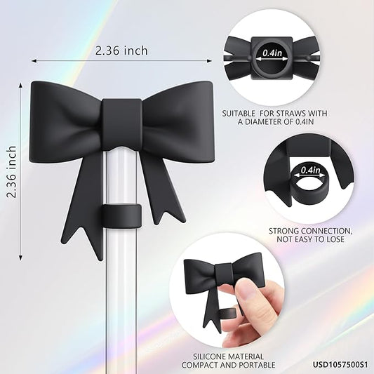 Compatible with Stanley Cup Accessories - 3Pcs 10mm Bow Straw Topper Compatible with Stanley Cup Straw Cover Cap, 2pcs Black Bow Charms for Stanley 30&40 Oz Tumbler with Handle