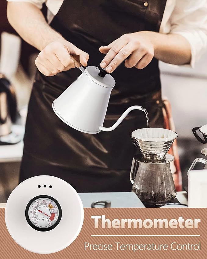 Gooseneck Kettle with Thermometer for Pour Over Coffee and Tea, 37 fl oz, Stainless Steel, Durable 3-Layer Base, Ideal Spout for Precision Pouring, Compatible with all Stove Tops (White)