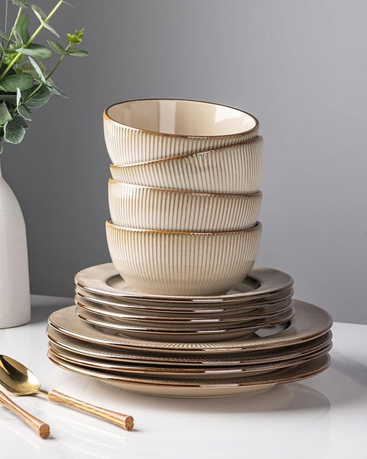 GBHOME Ceramic Dinnerware Sets, 24 Piece Embossed Elegant Stoneware Plates and Bowls Sets, Housewarming Wedding Gift | Dishwasher & Microwave Safe | Dishes Set Service for 8
