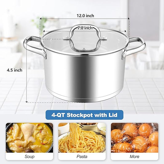 Stainless Steel Stock Pot 4 Quart, Homikit Induction Stockpot with lid for Soup Pasta Sauce Cooking Simmering, Tri-ply Heavy Bottom Compatible with All Stove, Dishwasher Safe
