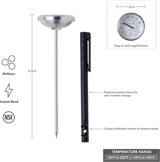KitchenAid KQ919 Analog Instant Read Food and Meat Thermometer with 1.75-inch Dial, Recalibration Feature, Black Storage Sleeve