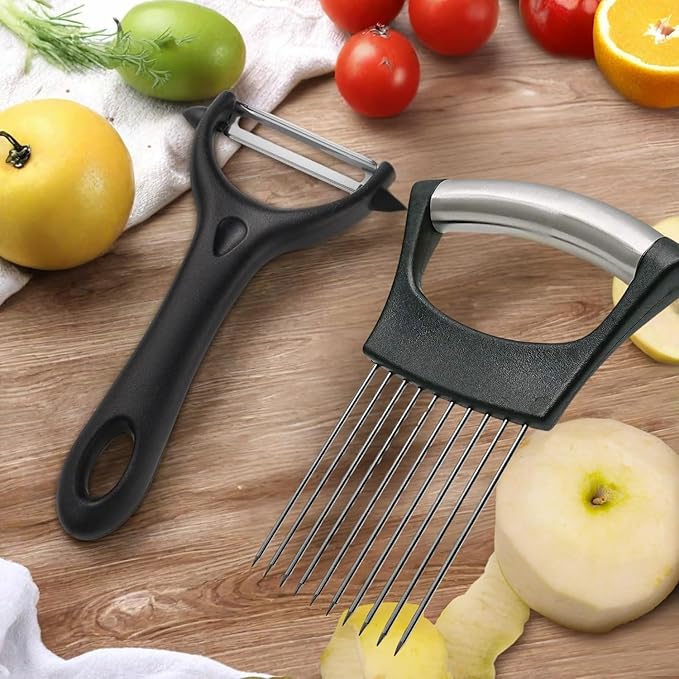 Potato Peelers for Kitchen – Stainless Steel Potato Slicing Guide with Safety Handle + Dual Blade Peeler for Easy Food Prep – Perfect for Onions, Tomatoes, Potatoes, and More