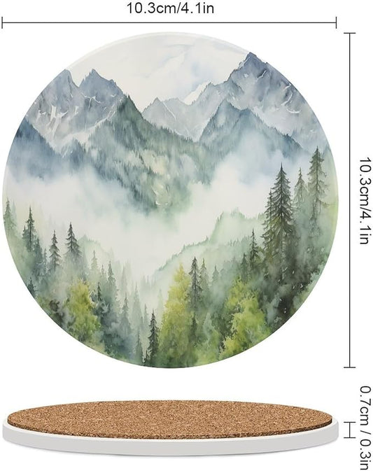 Round-4PCS Forest Ceramic Coasters, Round Absorbent Drink Coasters, Watercolor Style Nature Woodland Green Forest Mountain Plant Ceramic Table Coasters for Coffee, Beverage, Wine, Beer Coasters