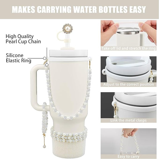 Cup Accessories for Stanley 30/40oz Tumbler containing Pearl Straw Cover Topper, Silicone Cup Boot, Water Bottle Handle Strap& Pearl Bracelets Charms(Pearls with Silver Beads)