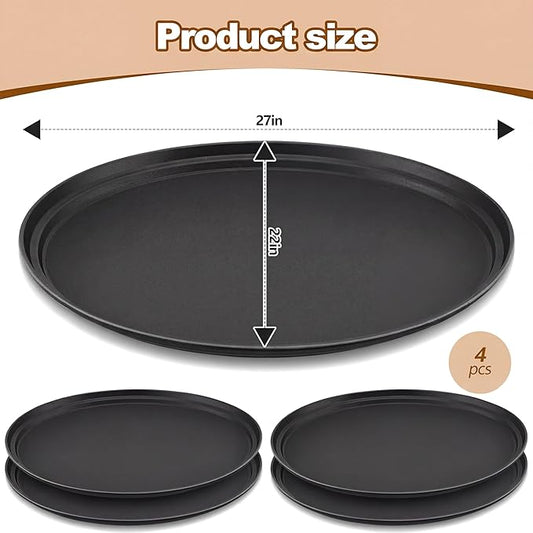 4 Pcs Restaurant Serving Trays PP Plastic Non Slip Rubber Lined Large Oval Tray for Kitchen Dining Room Cafeterias Fast Food Service (27 x 22 Inch,Black)
