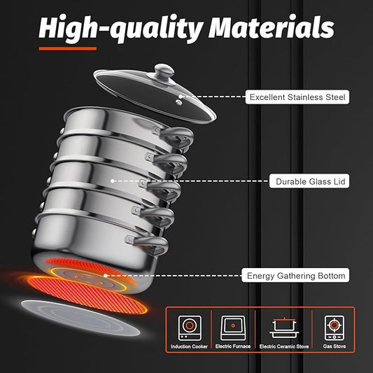 5-Tier Food Steamer Pot for Cooking, Stainless Steel Steamer Pot with Transparent Lid, Stackable Steaming Pots Steam Cooker Cookware for Dumpling Seafood, Compatible with Gas/induction Stove (11.81in Diameter)