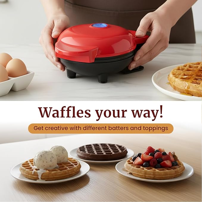 Elite Gourmet EWM015R# Electric Nonstick 4.5-inch Mini Waffle Maker, Belgian Waffles, Compact Design, Hash Browns, Keto, Snacks, Sandwich, Eggs, Easy to Clean, Red