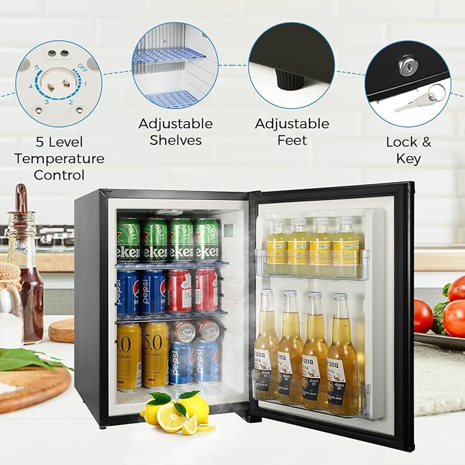 Compact Refrigerator, 1.42 cu.ft 110V Quiet Mini Fridge, Reversible Door with Lock, Energy Efficient Beverage Cooler for Bedroom Dorm RV Hotel Office, Black