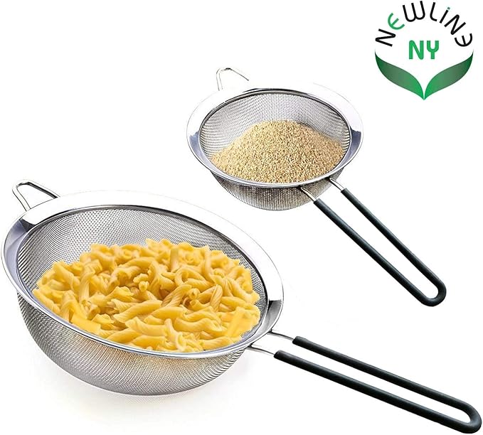 Newline NY Premium Double Stainless Steel Fine Mesh Strainers with Soft-touch Anti-slip Silicone-coated Handle 2 pcs Set