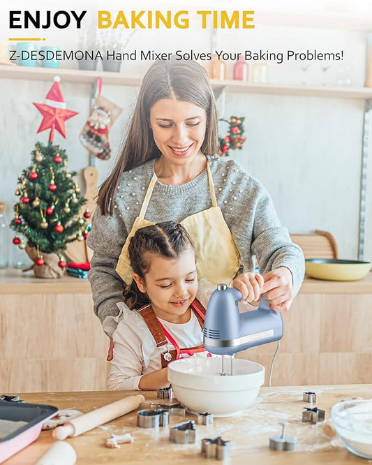 Z-DESDEMONA Electric Hand Mixer, Powerful 300W Hand Mixer Electric Handheld with 304 Beaters, Dough Hook, Hand Held Mixer with Turbo for Baking Cakes, Eggs, Cream Food(Blue)