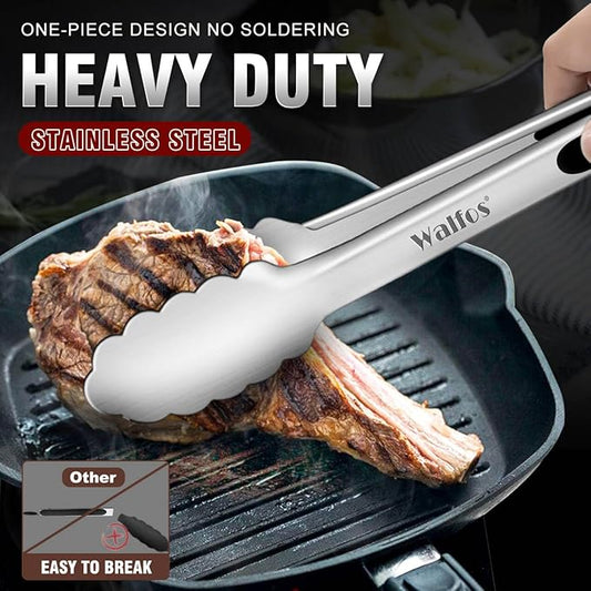 Walfos Stainless Steel Kitchen Tongs for Cooking- 7 ,9 and 12 Inch, Food Grade Metal Tongs for Cooking, BBQ, Set of 3 Heavy Duty Locking Cooking Tongs Non-Slip Grip
