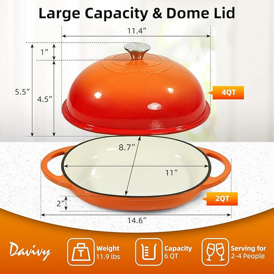 Davivy Cast Iron Oval Bread Pan with Lid 6QT, Dutch Oven for Sourdough Bread, Non-stick Cast Iron Sourdough Baking Pan with Silicone Baking Mat - Flame Orange